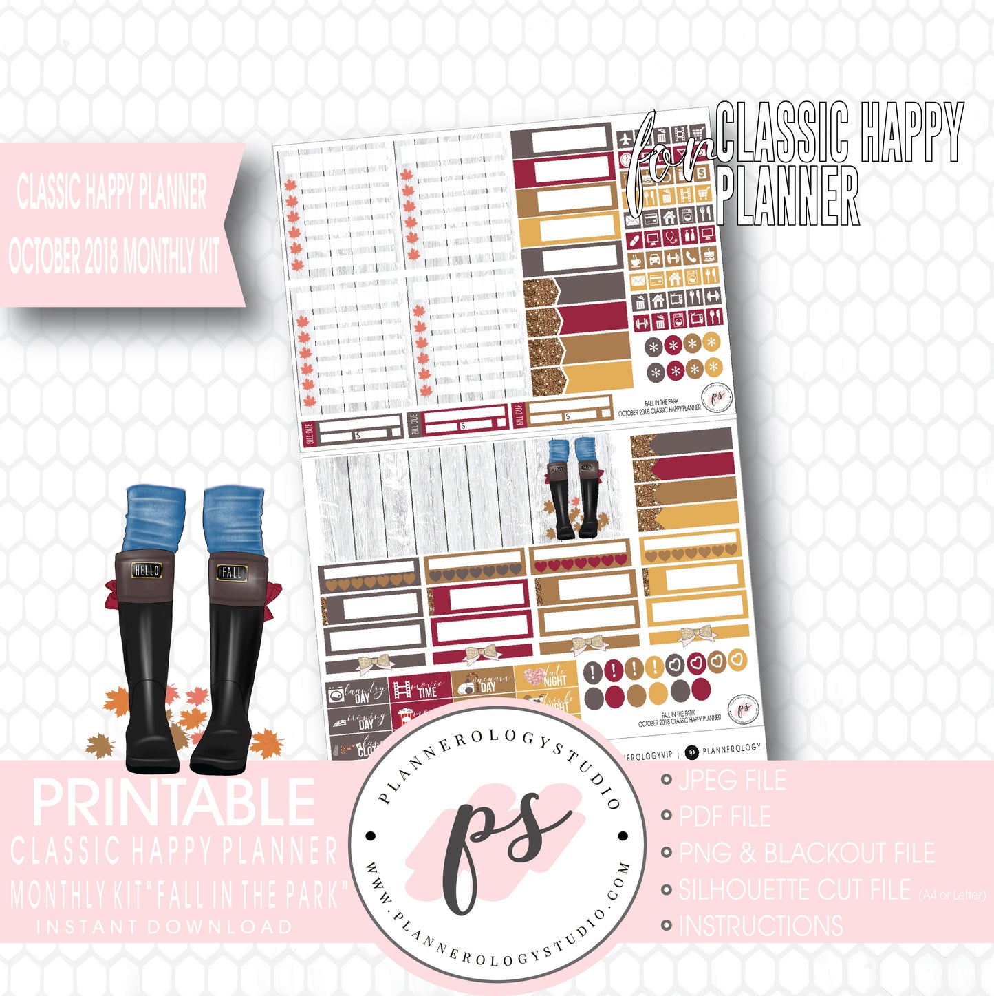 Fall in the Park October 2018 Monthly View Kit Digital Printable Planner Stickers (for use with Classic Happy Planner) - Plannerologystudio