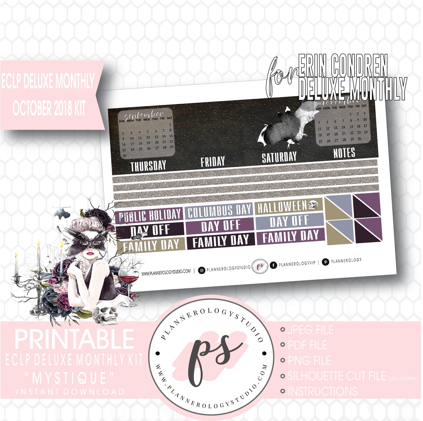 Mystique Halloween October 2018 Monthly View Kit Digital Printable Planner Stickers (for use with Erin Condren Deluxe Monthly Planner) - Plannerologystudio