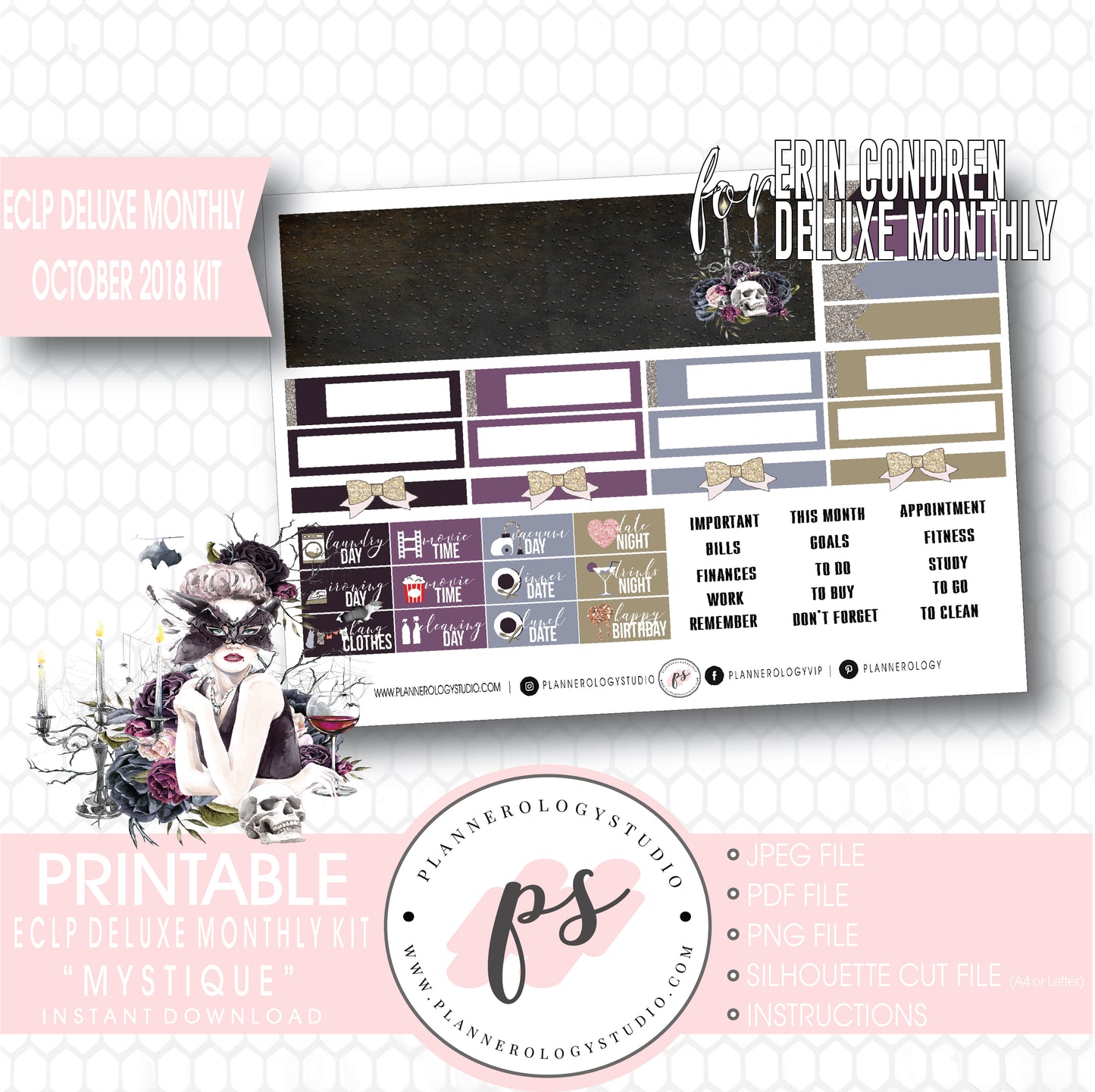 Mystique Halloween October 2018 Monthly View Kit Digital Printable Planner Stickers (for use with Erin Condren Deluxe Monthly Planner) - Plannerologystudio