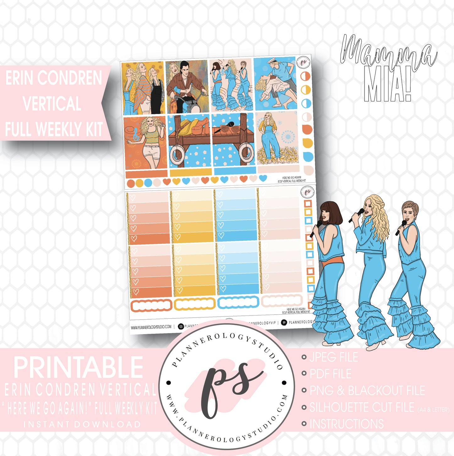 Here We Go Again! Mamma Mia Full Weekly Kit Printable Planner Stickers (for use with Erin Condren Vertical) - Plannerologystudio