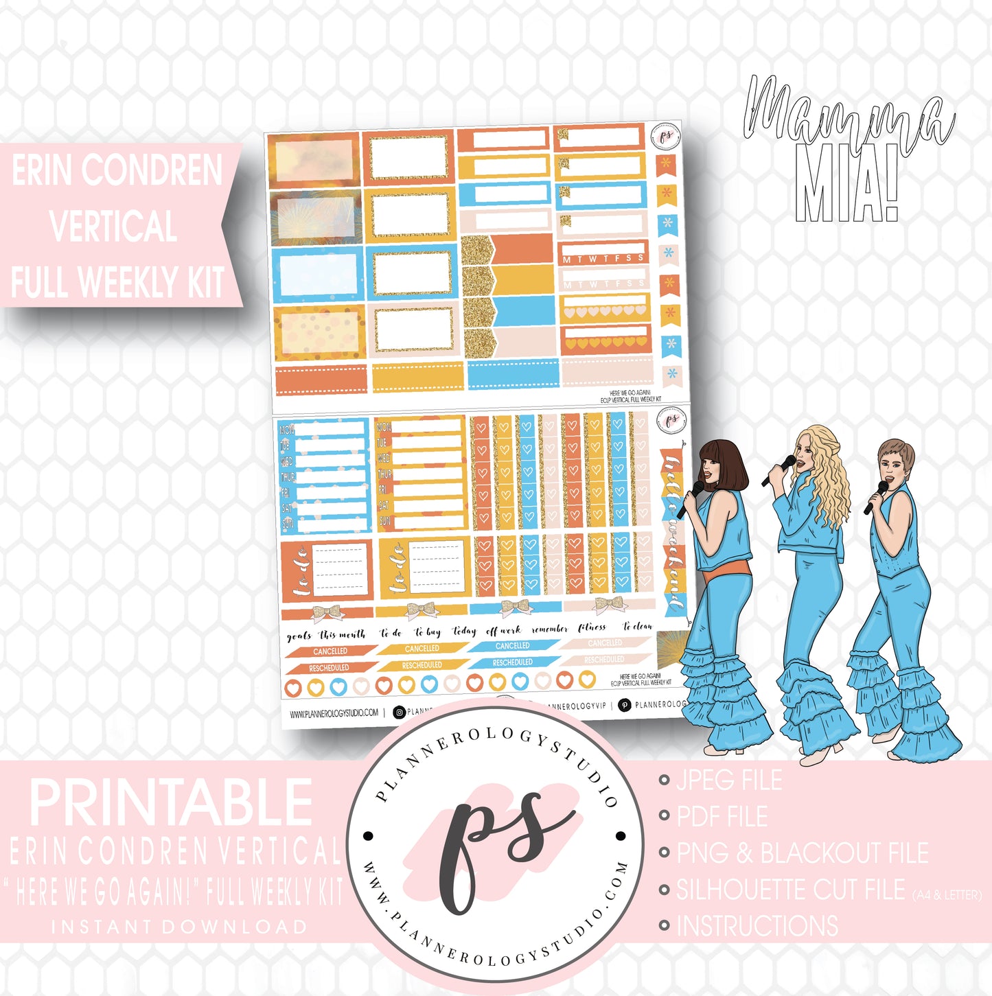 Here We Go Again! Mamma Mia Full Weekly Kit Printable Planner Stickers (for use with Erin Condren Vertical) - Plannerologystudio