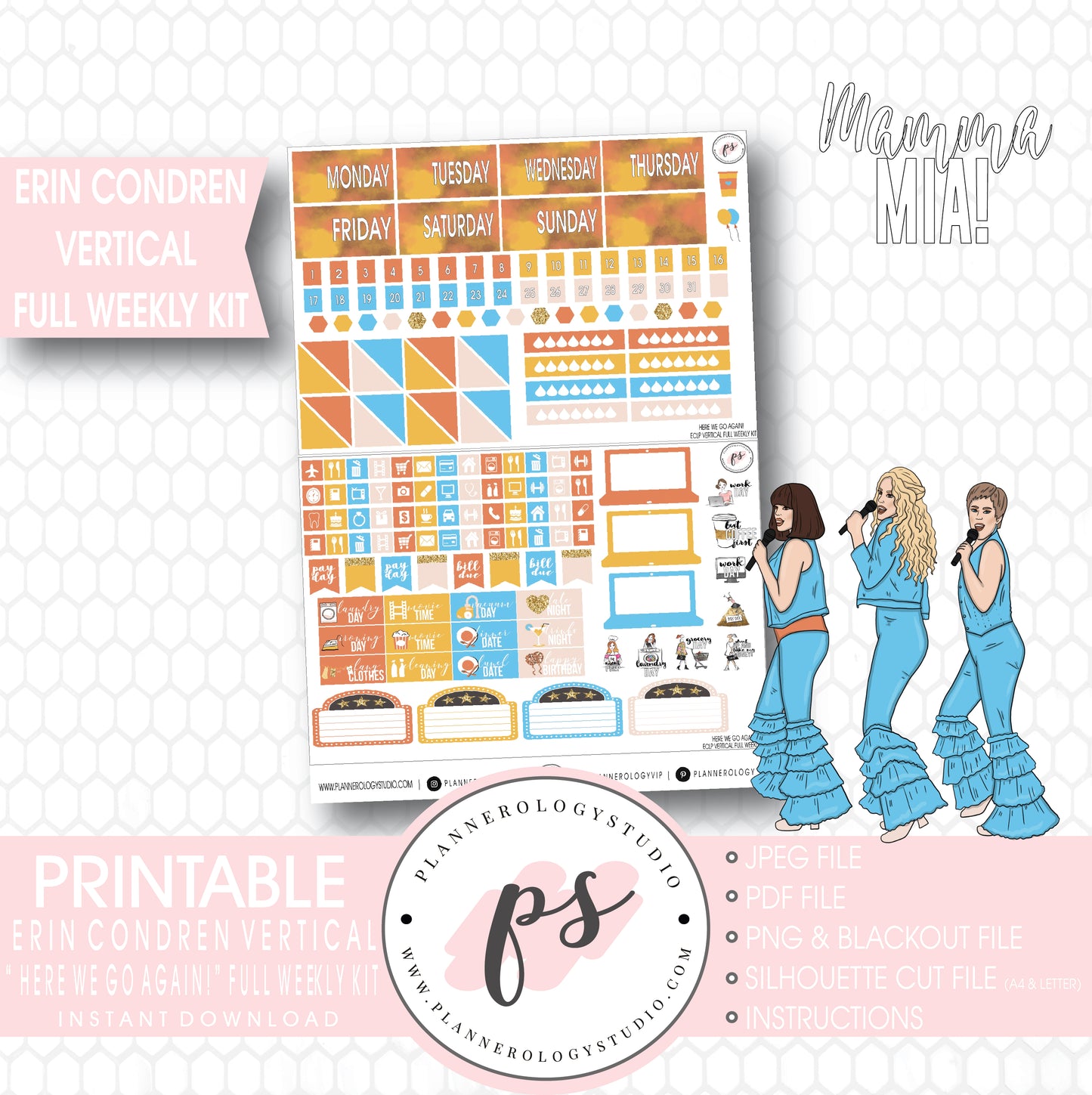 Here We Go Again! Mamma Mia Full Weekly Kit Printable Planner Stickers (for use with Erin Condren Vertical) - Plannerologystudio
