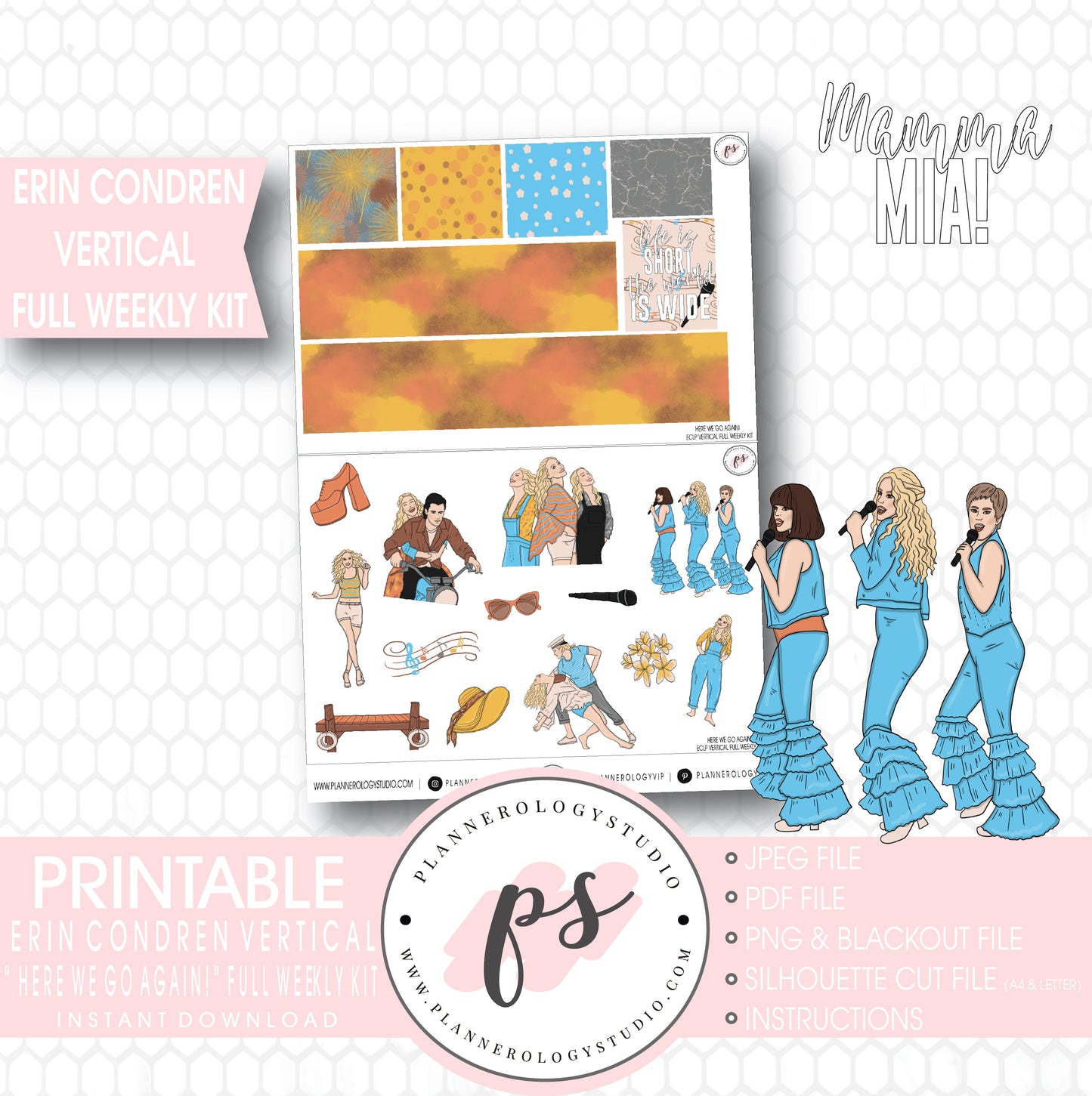Here We Go Again! Mamma Mia Full Weekly Kit Printable Planner Stickers (for use with Erin Condren Vertical) - Plannerologystudio