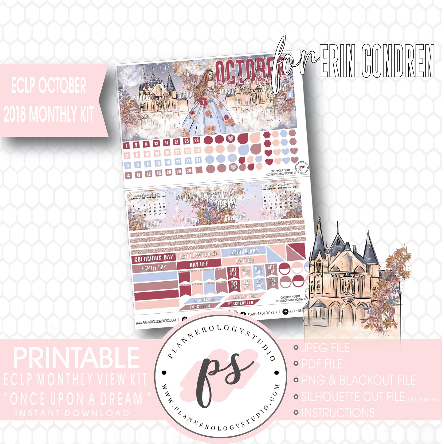 Once Upon a Dream October 2018 Monthly View Kit Digital Printable Planner Stickers (for use with Erin Condren) - Plannerologystudio