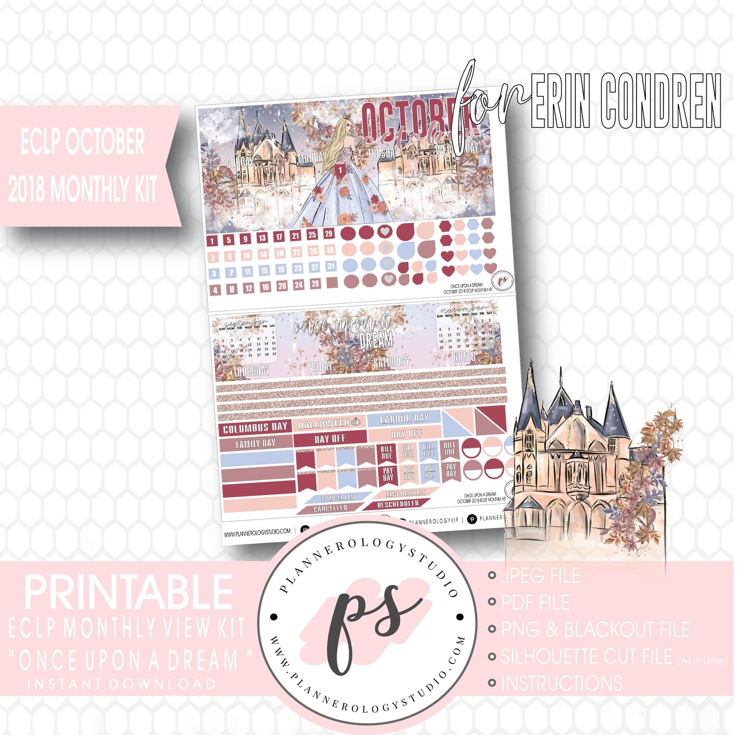 Once Upon a Dream October 2018 Monthly View Kit Digital Printable Planner Stickers (for use with Erin Condren) - Plannerologystudio