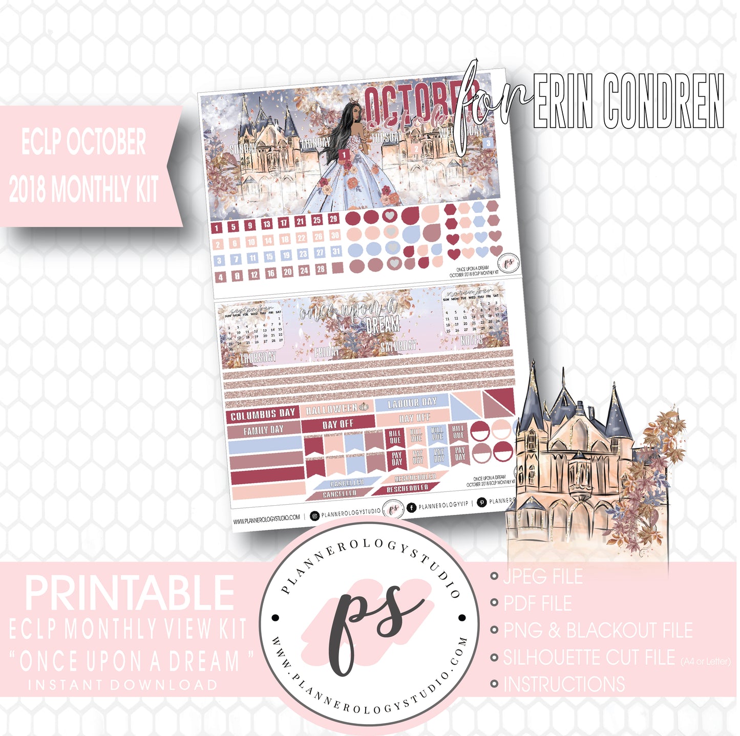 Once Upon a Dream October 2018 Monthly View Kit Digital Printable Planner Stickers (for use with Erin Condren) - Plannerologystudio