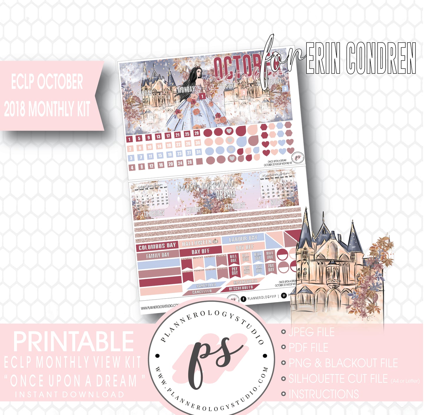 Once Upon a Dream October 2018 Monthly View Kit Digital Printable Planner Stickers (for use with Erin Condren) - Plannerologystudio
