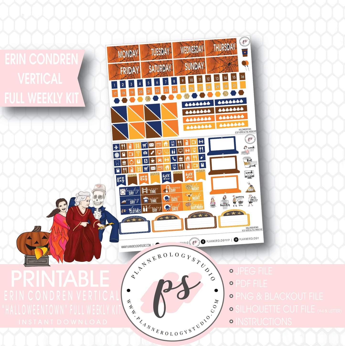 Halloweentown Full Weekly Kit Printable Planner Digital Stickers (for use with Erin Condren Vertical) - Plannerologystudio