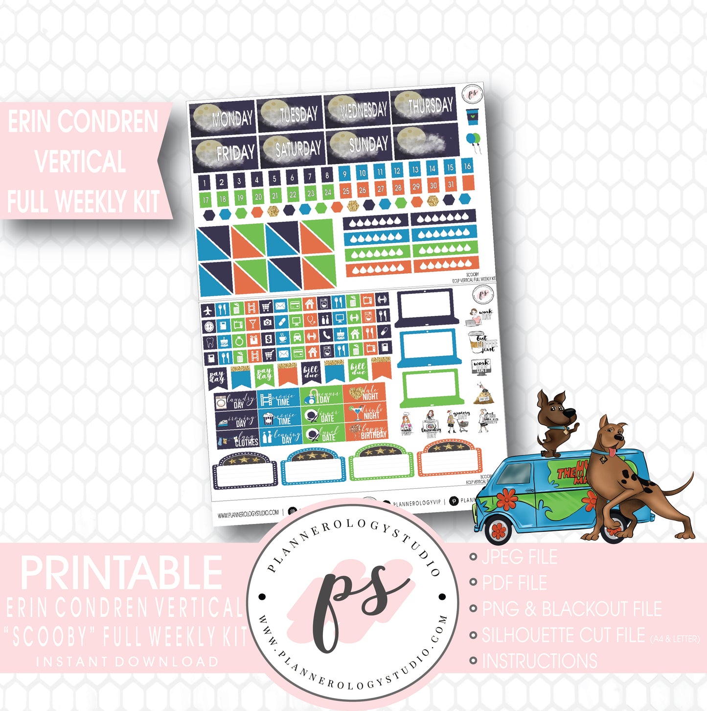 Scooby Full Weekly Kit Printable Planner Digital Stickers (for use with Erin Condren Vertical) - Plannerologystudio
