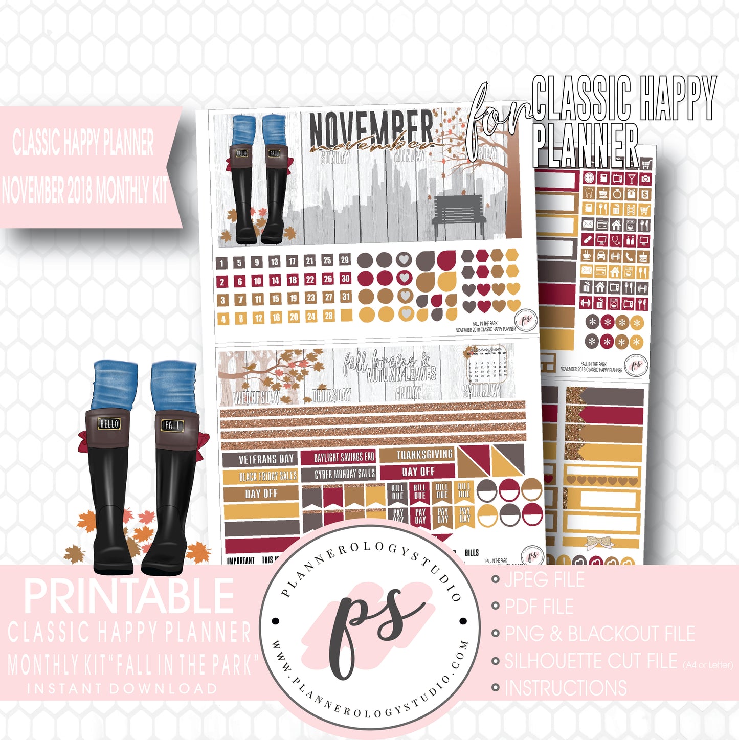 Fall in the Park November 2018 Monthly View Kit Digital Printable Planner Stickers (for use with Classic Happy Planner) - Plannerologystudio