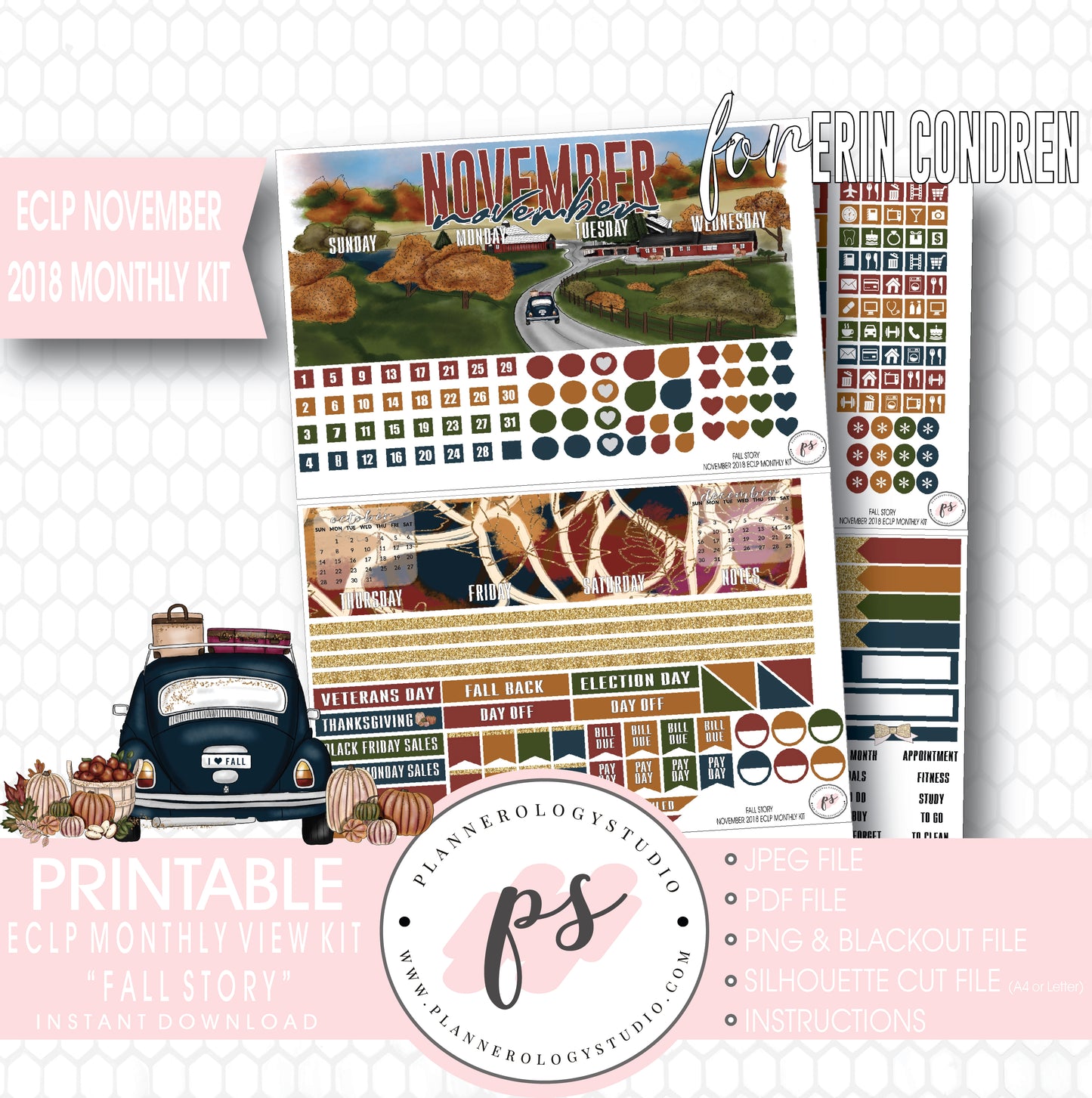 Fall Story November 2018 Monthly View Kit Digital Printable Planner Stickers (for use with Erin Condren) - Plannerologystudio