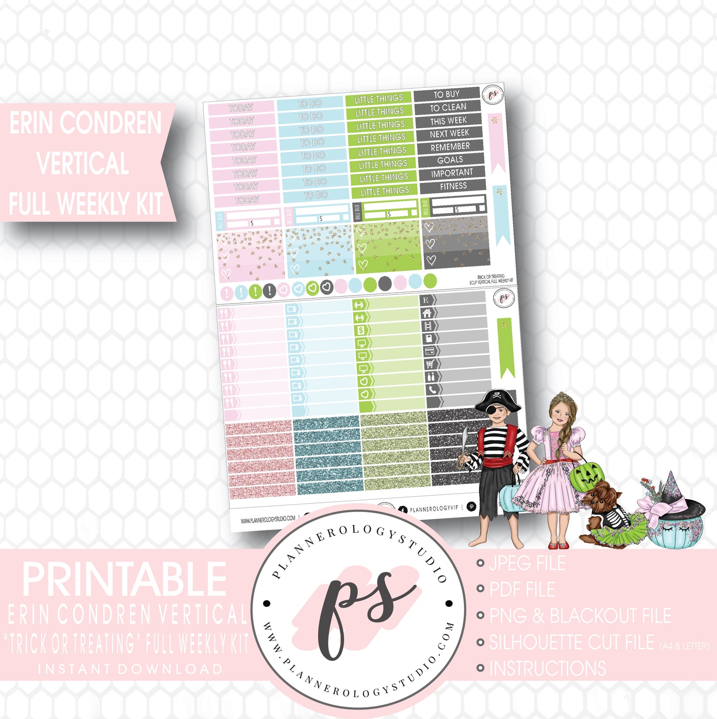 Trick or Treating Halloween Full Weekly Kit Printable Planner Digital Stickers (for use with Erin Condren Vertical) - Plannerologystudio