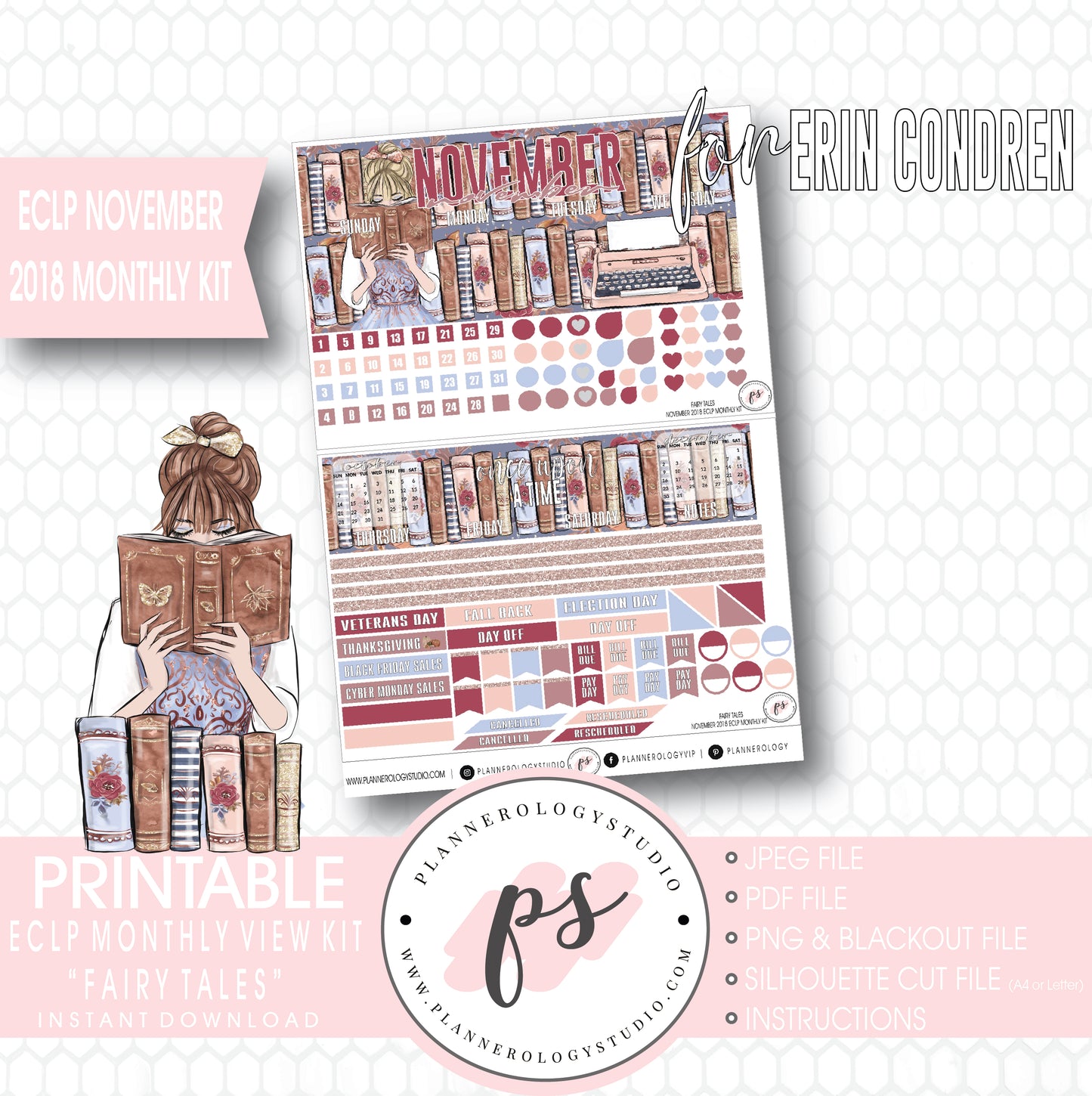 Fairy Tales November 2018 Monthly View Kit Digital Printable Planner Stickers (for use with Erin Condren) - Plannerologystudio
