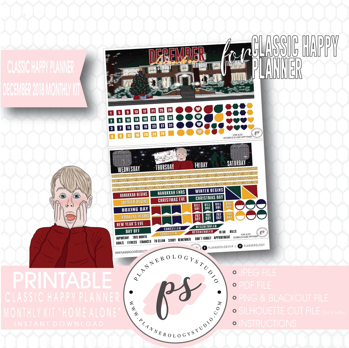 Home Alone Christmas December 2018 Monthly View Kit Digital Printable Planner Stickers (for use with Classic Happy Planner) - Plannerologystudio