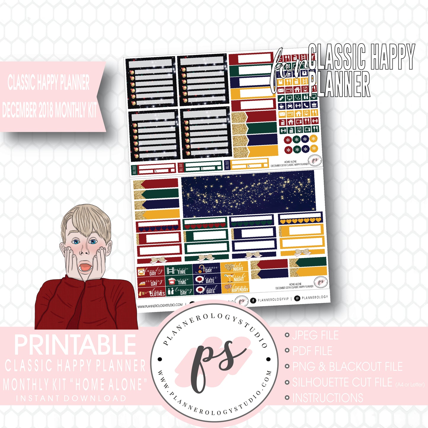 Home Alone Christmas December 2018 Monthly View Kit Digital Printable Planner Stickers (for use with Classic Happy Planner) - Plannerologystudio