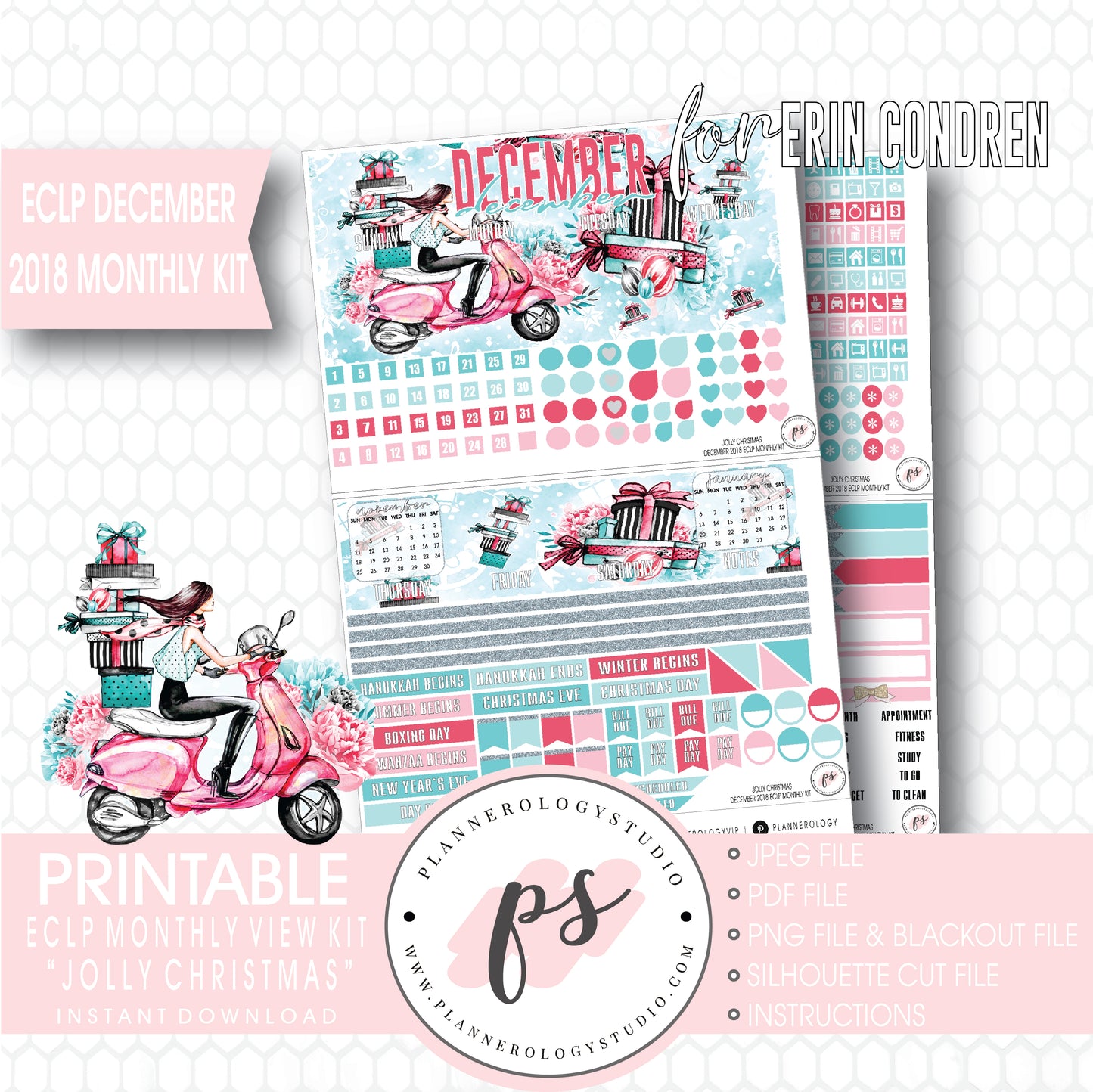 Jolly Christmas December 2018 Monthly View Kit Digital Printable Planner Stickers (for use with Erin Condren) - Plannerologystudio