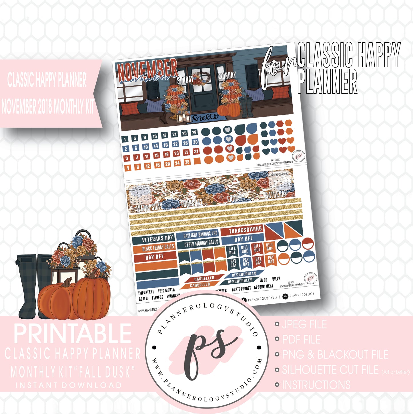 Fall Dusk November 2018 Monthly View Kit Digital Printable Planner Stickers (for use with Classic Happy Planner) - Plannerologystudio