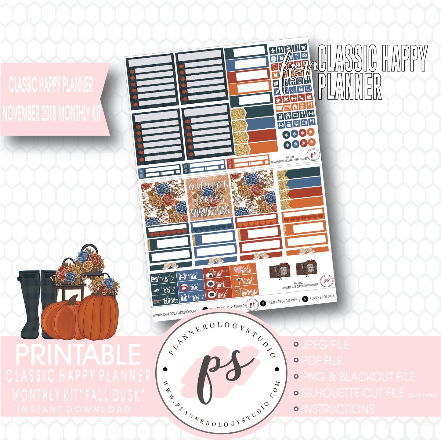 Fall Dusk November 2018 Monthly View Kit Digital Printable Planner Stickers (for use with Classic Happy Planner) - Plannerologystudio