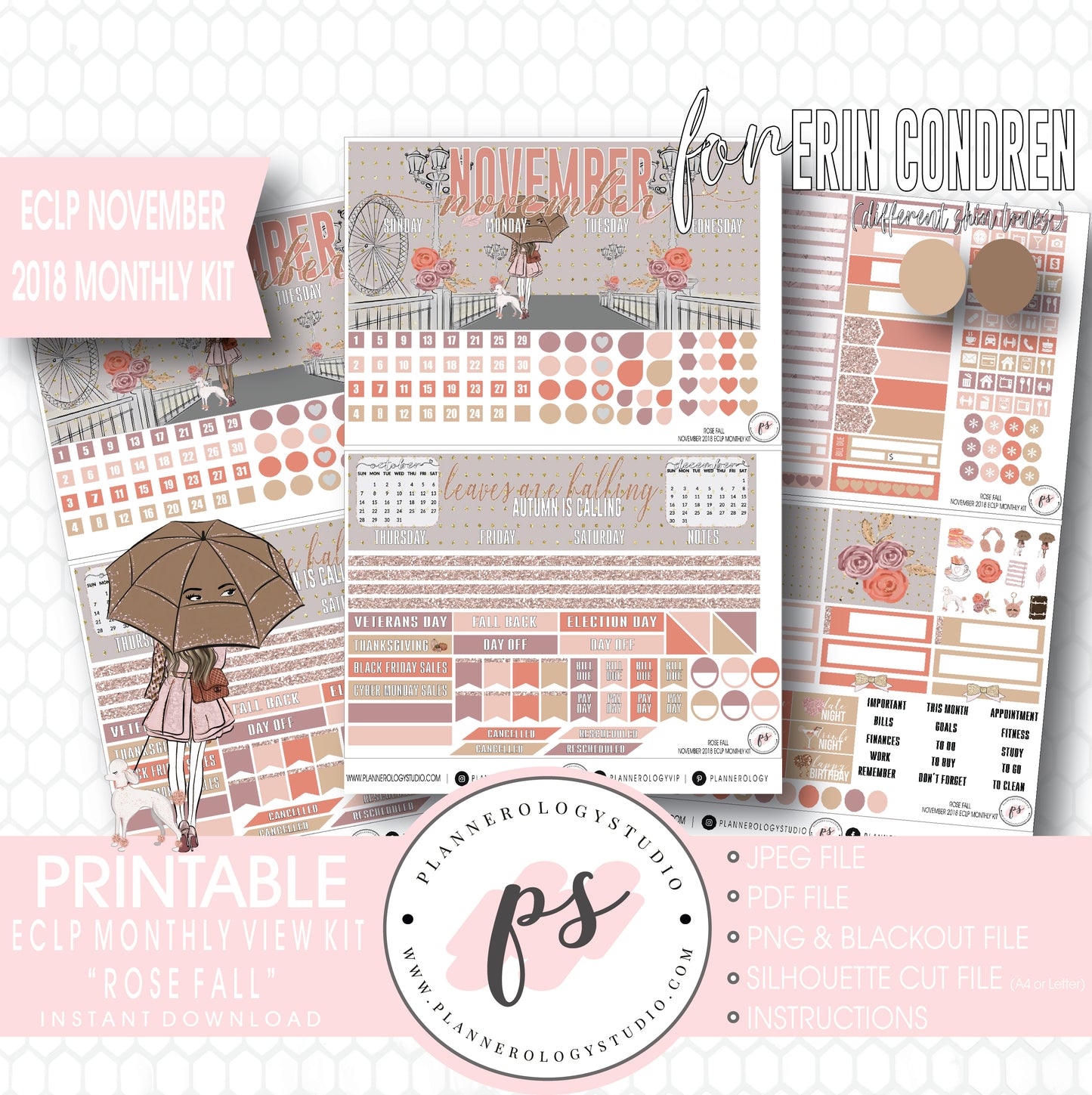 Rose Fall November 2018 Monthly View Kit Digital Printable Planner Stickers (for use with Erin Condren) - Plannerologystudio