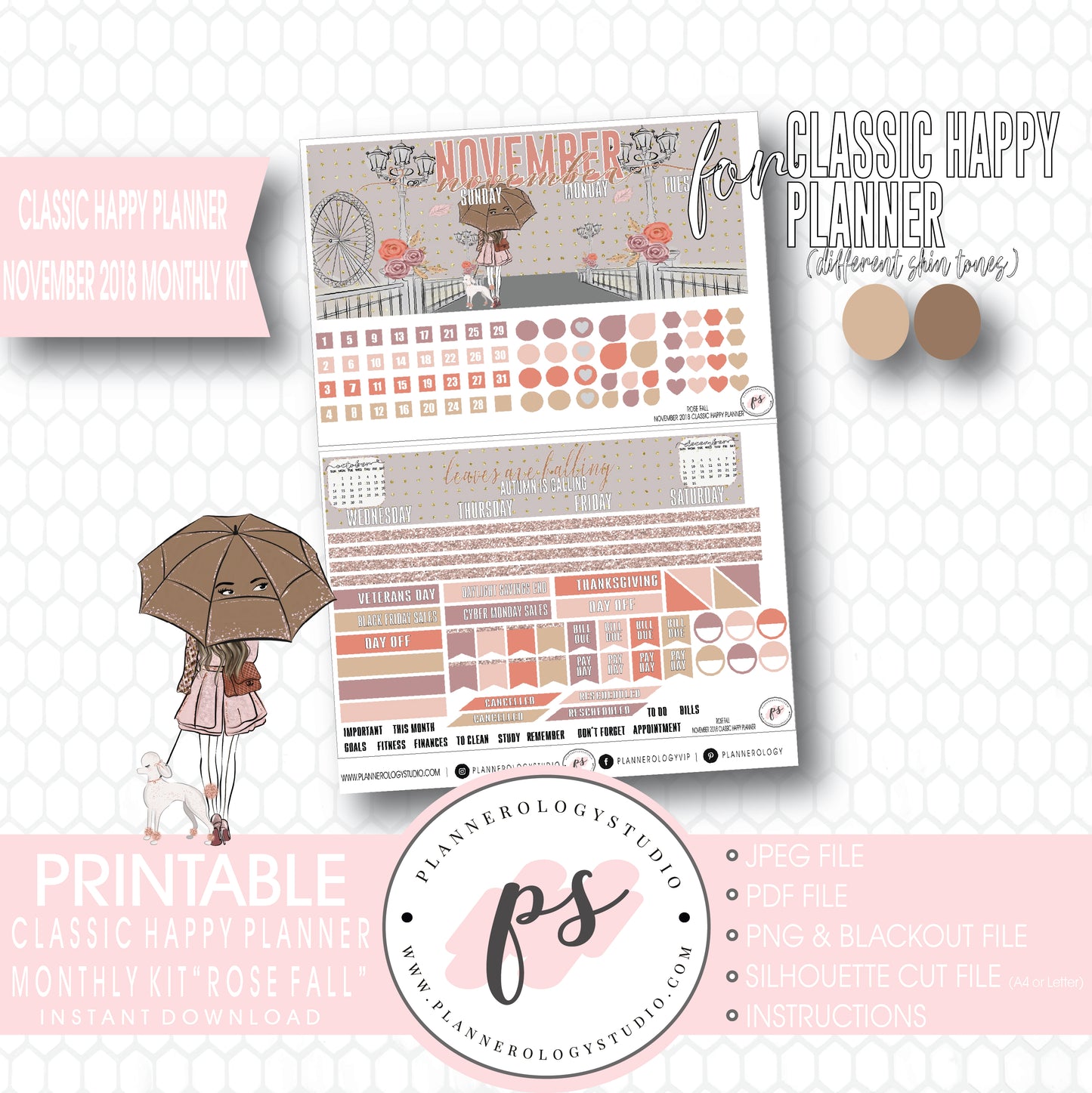 Rose Fall November 2018 Monthly View Kit Digital Printable Planner Stickers (for use with Classic Happy Planner) - Plannerologystudio