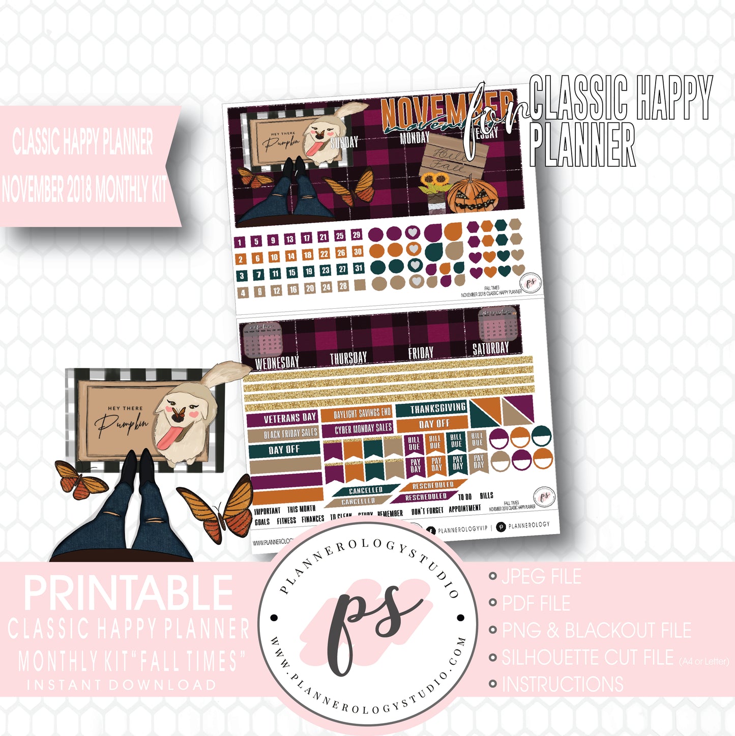 Fall Times November 2018 Monthly View Kit Digital Printable Planner Stickers (for use with Classic Happy Planner) - Plannerologystudio