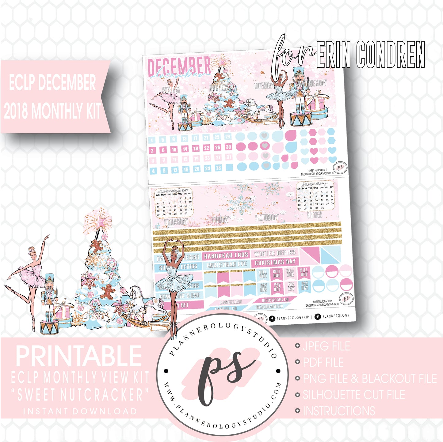 Sweet Nutcracker Christmas December 2018 Monthly View Kit Digital Printable Planner Stickers (for use with Erin Condren) - Plannerologystudio