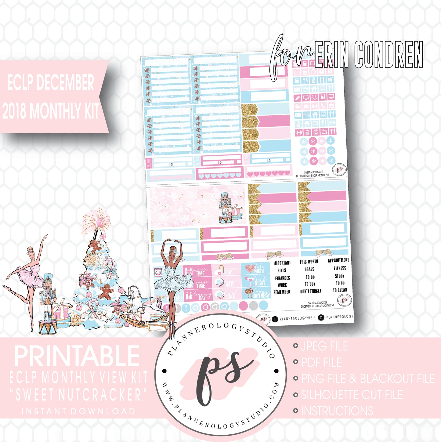 Sweet Nutcracker Christmas December 2018 Monthly View Kit Digital Printable Planner Stickers (for use with Erin Condren) - Plannerologystudio