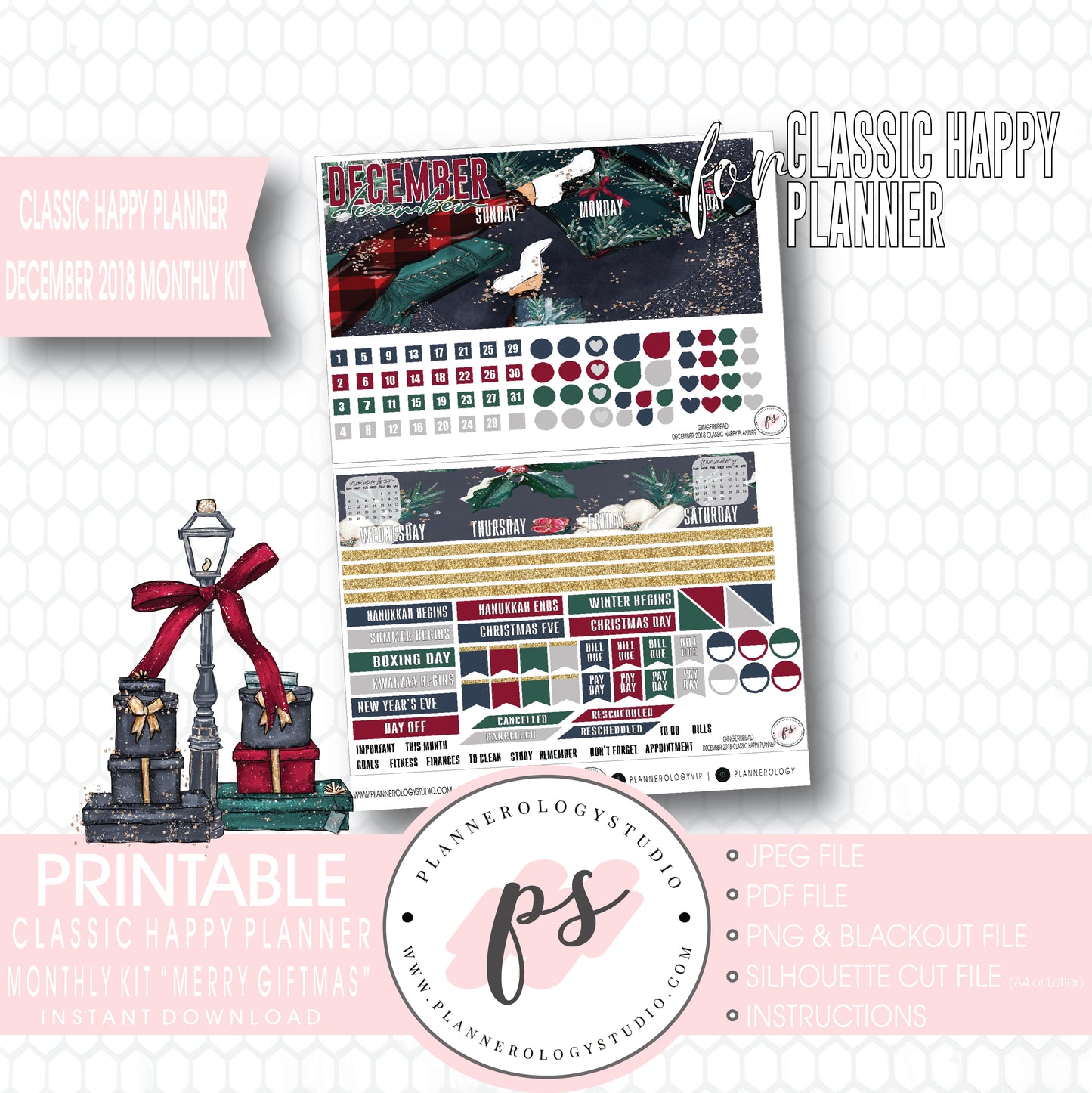 Merry Giftmas Christmas December 2018 Monthly View Kit Digital Printable Planner Stickers (for use with Classic Happy Planner) - Plannerologystudio