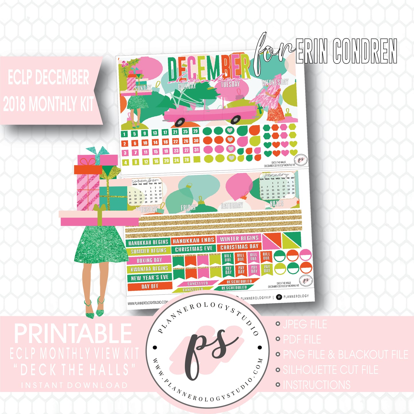 Deck the Halls Christmas December 2018 Monthly View Kit Digital Printable Planner Stickers (for use with Erin Condren) - Plannerologystudio