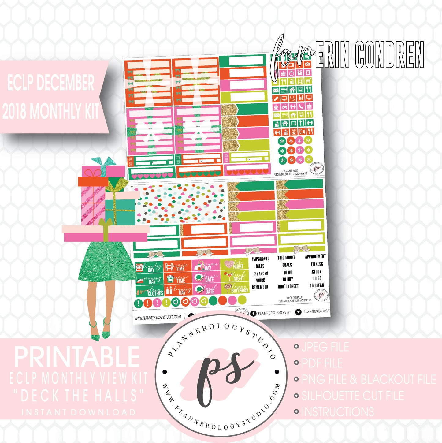 Deck the Halls Christmas December 2018 Monthly View Kit Digital Printable Planner Stickers (for use with Erin Condren) - Plannerologystudio