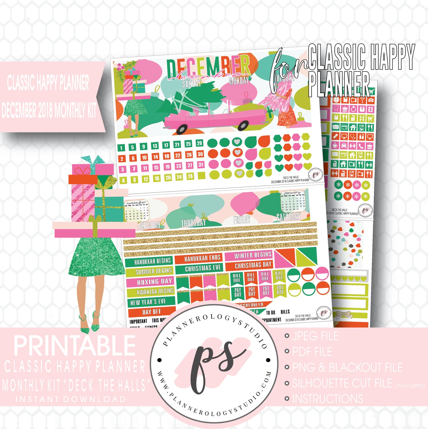 Deck the Halls Christmas December 2018 Monthly View Kit Digital Printable Planner Stickers (for use with Classic Happy Planner) - Plannerologystudio