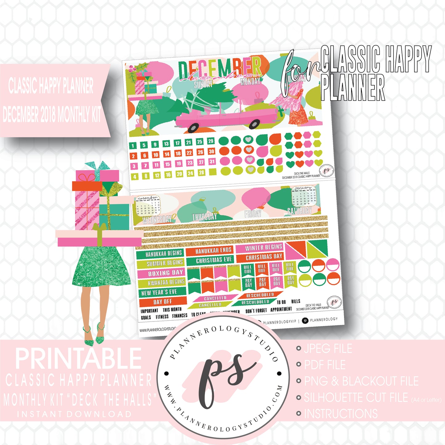 Deck the Halls Christmas December 2018 Monthly View Kit Digital Printable Planner Stickers (for use with Classic Happy Planner) - Plannerologystudio