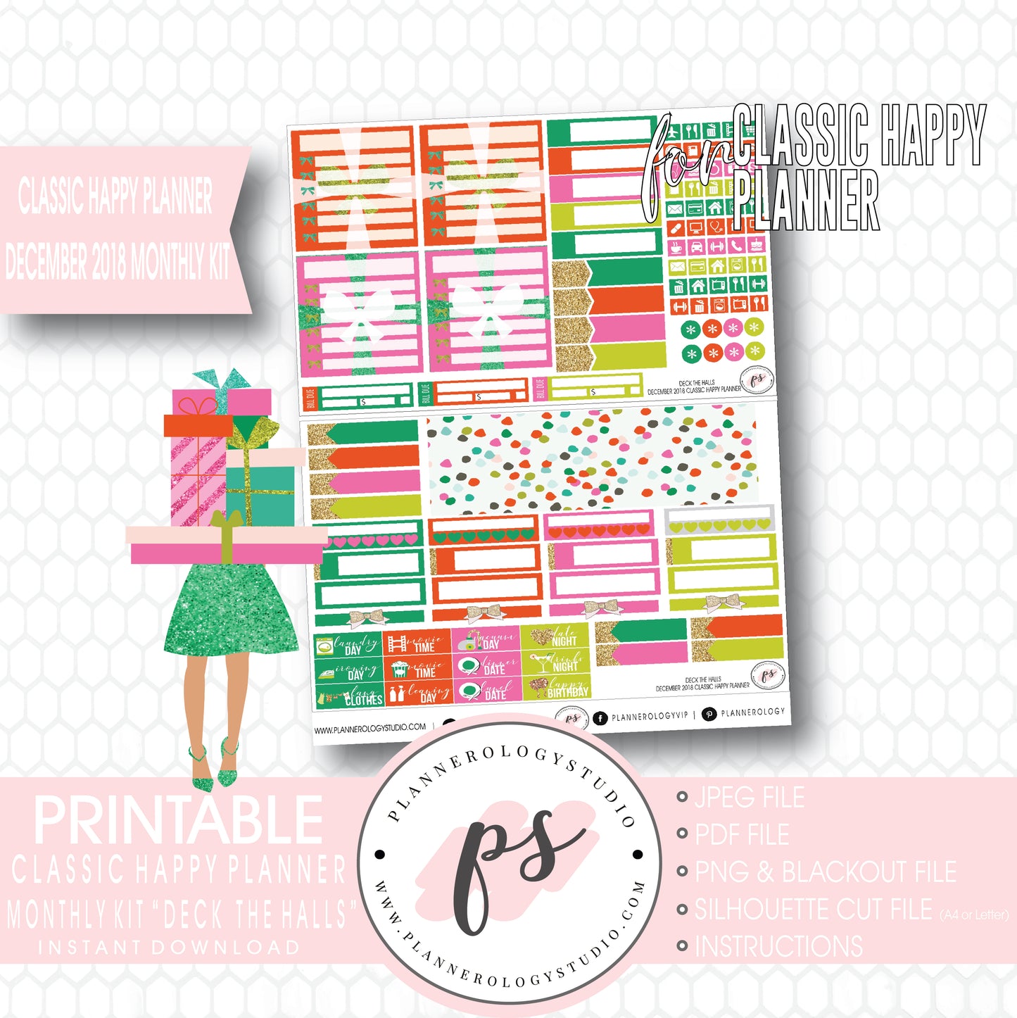 Deck the Halls Christmas December 2018 Monthly View Kit Digital Printable Planner Stickers (for use with Classic Happy Planner) - Plannerologystudio