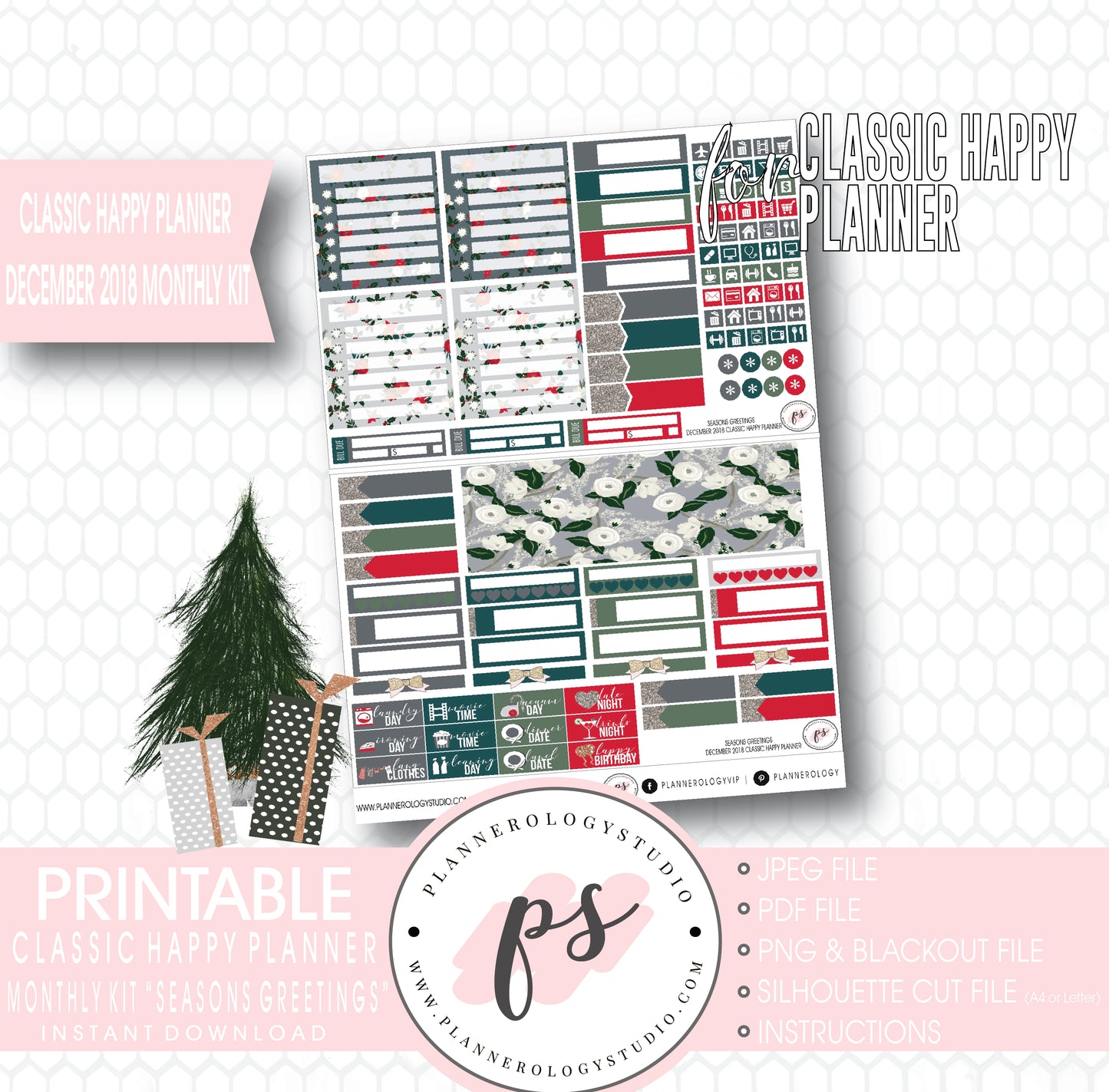 Seasons Greetings Christmas December 2018 Monthly View Kit Digital Printable Planner Stickers (for use with Classic Happy Planner) - Plannerologystudio