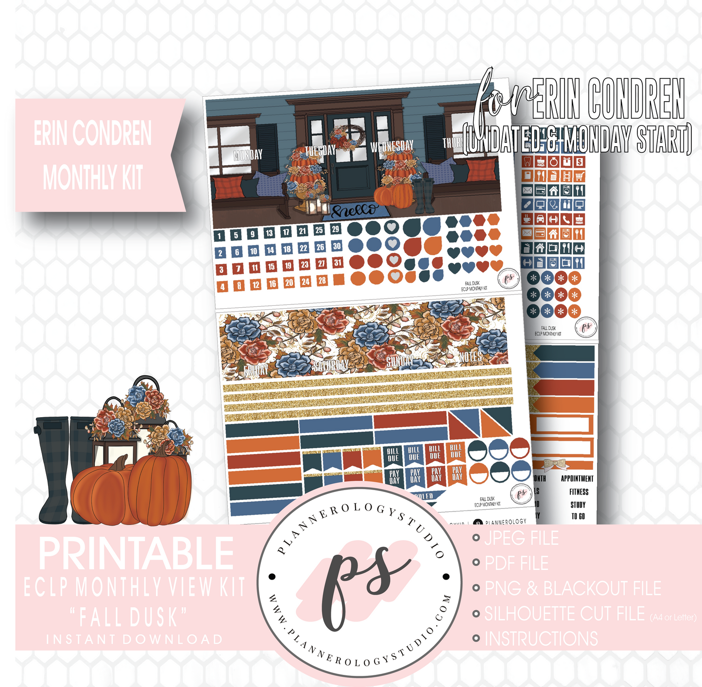 Fall Dusk Monthly View Kit Digital Printable Planner Stickers (for use with Erin Condren) (Undated and Monday Start) - Plannerologystudio