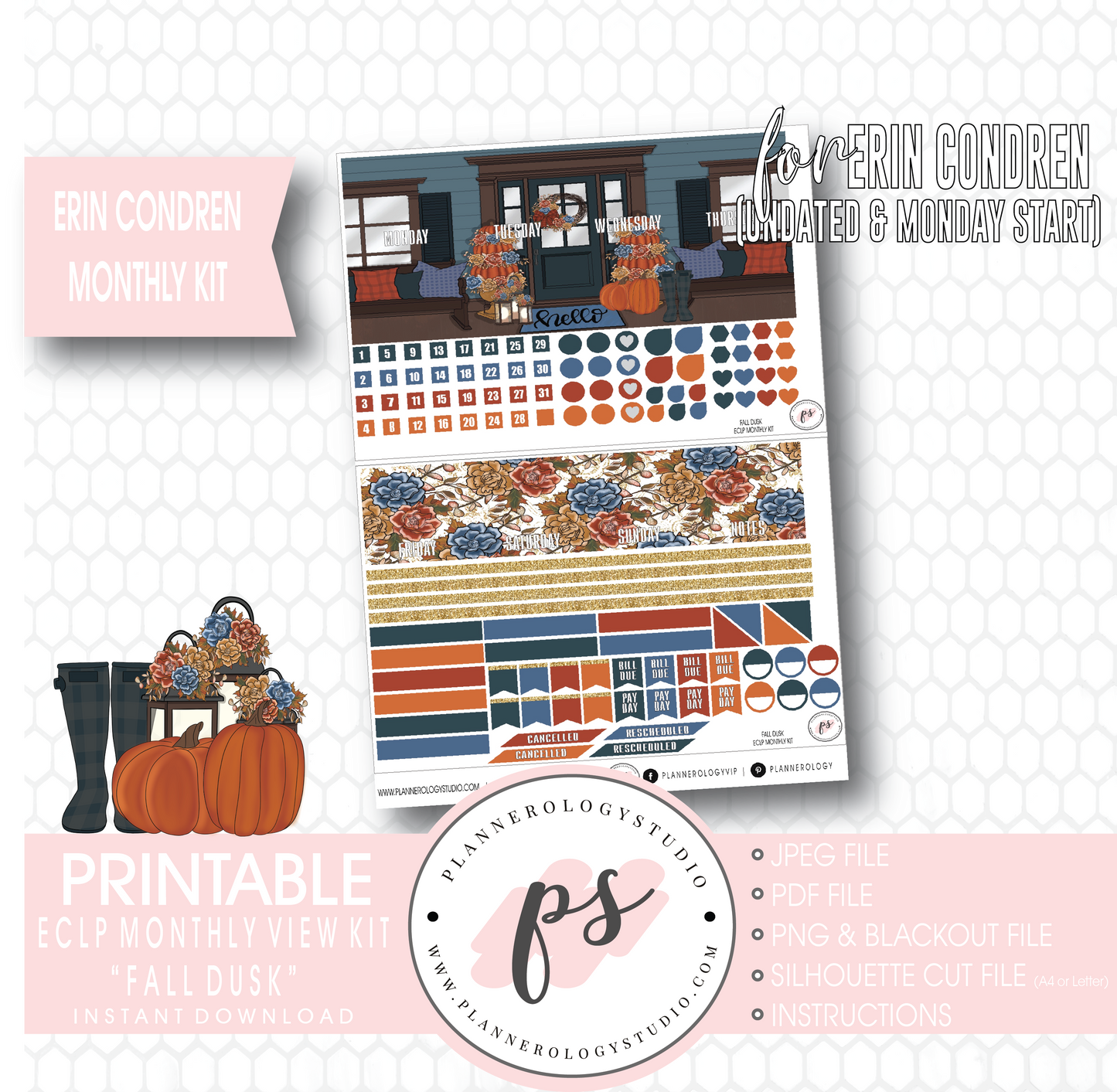 Fall Dusk Monthly View Kit Digital Printable Planner Stickers (for use with Erin Condren) (Undated and Monday Start) - Plannerologystudio