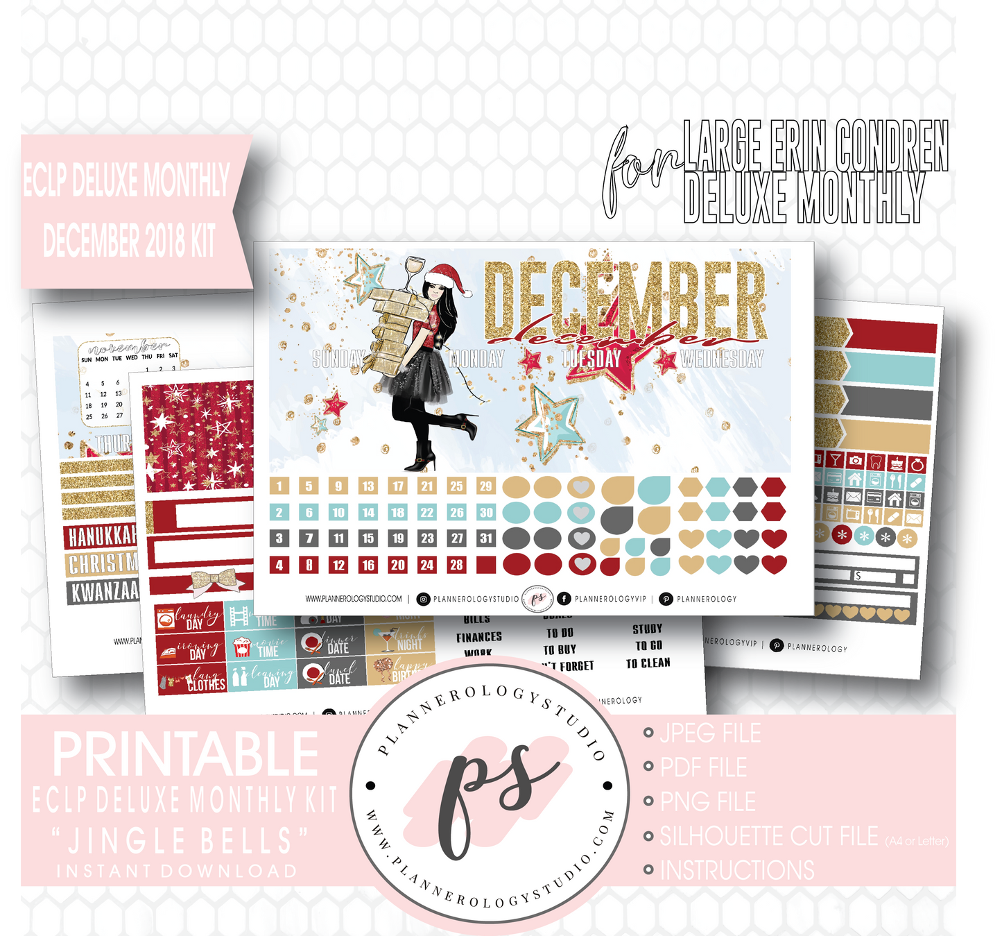 Jingle Bells December 2018 Monthly View Kit Digital Printable Planner Stickers (for use with Erin Condren Large Deluxe Monthly Planner) - Plannerologystudio