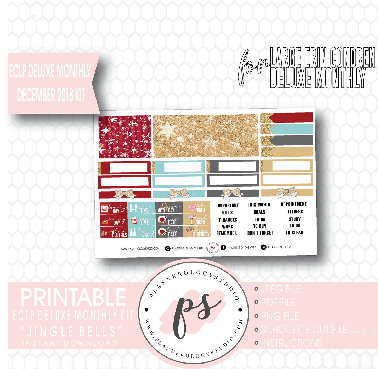 Jingle Bells December 2018 Monthly View Kit Digital Printable Planner Stickers (for use with Erin Condren Large Deluxe Monthly Planner) - Plannerologystudio