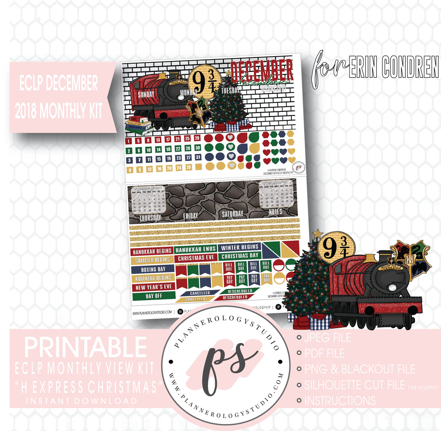 H Express Christmas (Harry Potter) Christmas December 2018 Monthly View Kit Digital Printable Planner Stickers (for use with Erin Condren) - Plannerologystudio