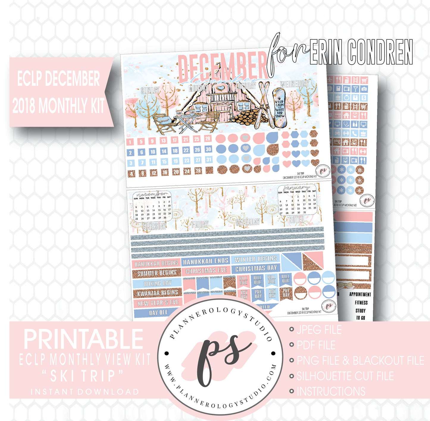 Ski Trip Winter Christmas December 2018 Monthly View Kit Digital Printable Planner Stickers (for use with Erin Condren) - Plannerologystudio