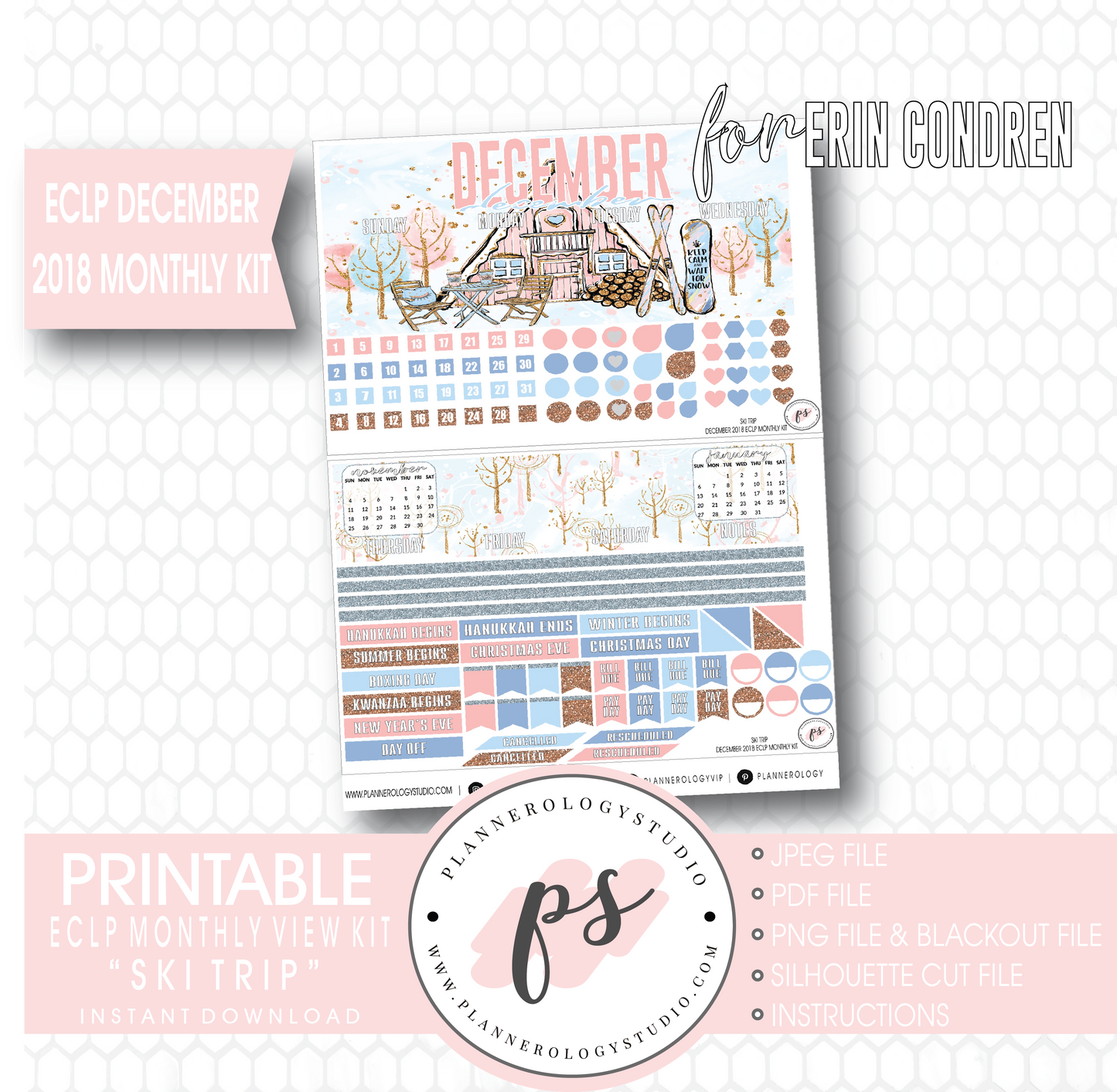Ski Trip Winter Christmas December 2018 Monthly View Kit Digital Printable Planner Stickers (for use with Erin Condren) - Plannerologystudio