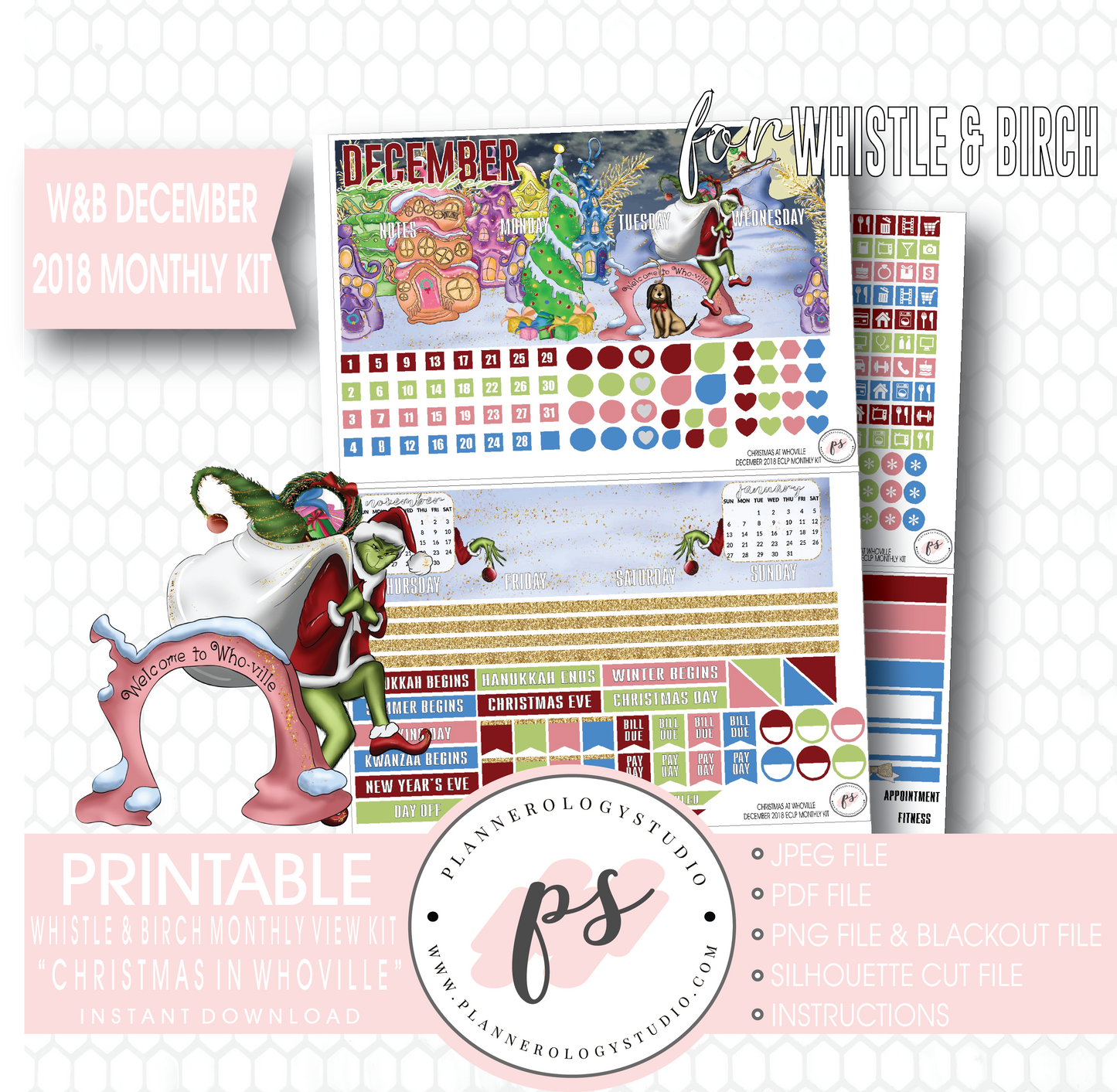 Christmas at Whoville (Grinch) December 2018 Monthly View Kit Digital Printable Planner Stickers (for use with Whistle & Birch Planner) - Plannerologystudio
