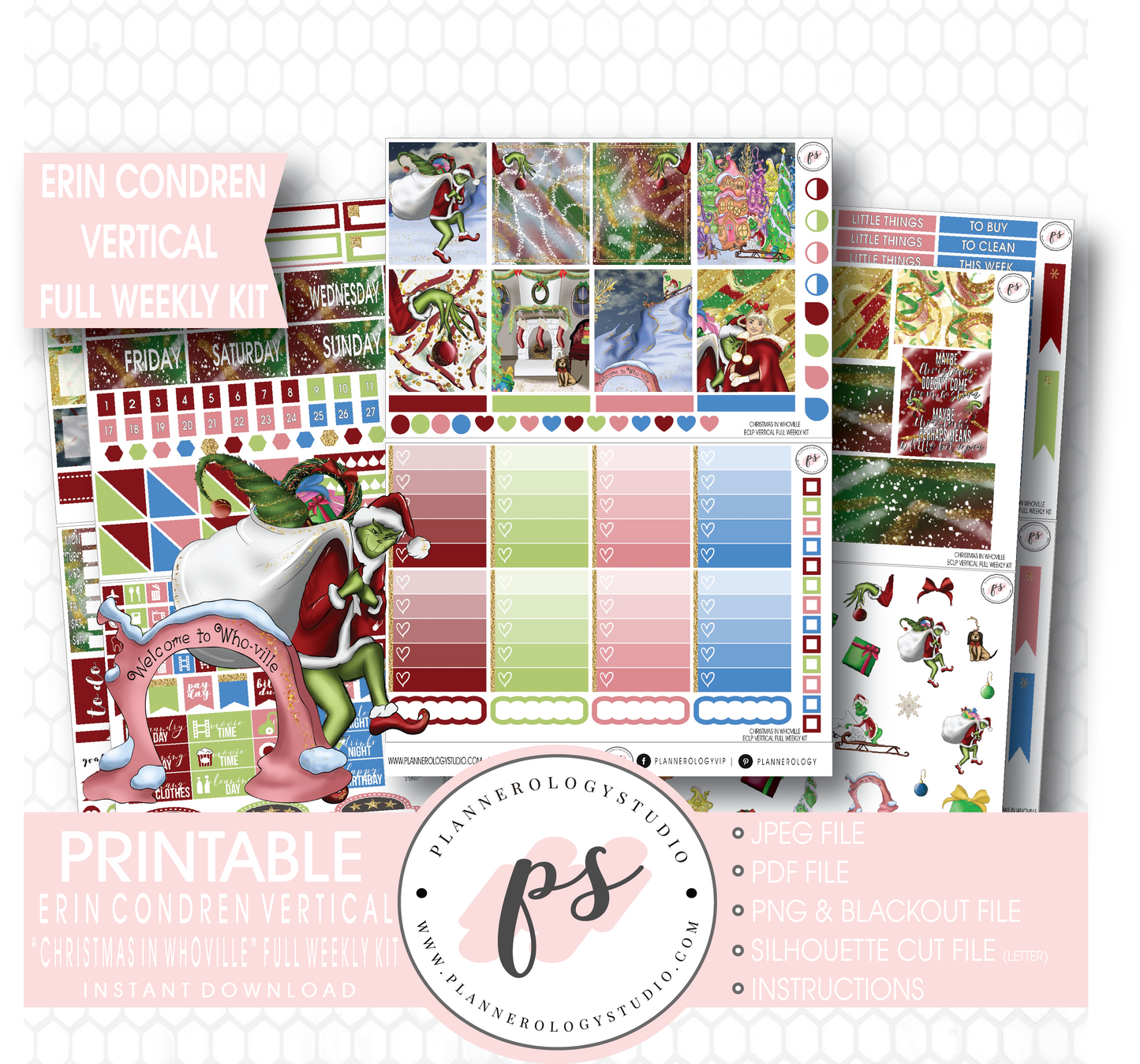Christmas in Whoville (Grinch) Full Weekly Kit Printable Planner Stickers (for use with Erin Condren Vertical) - Plannerologystudio