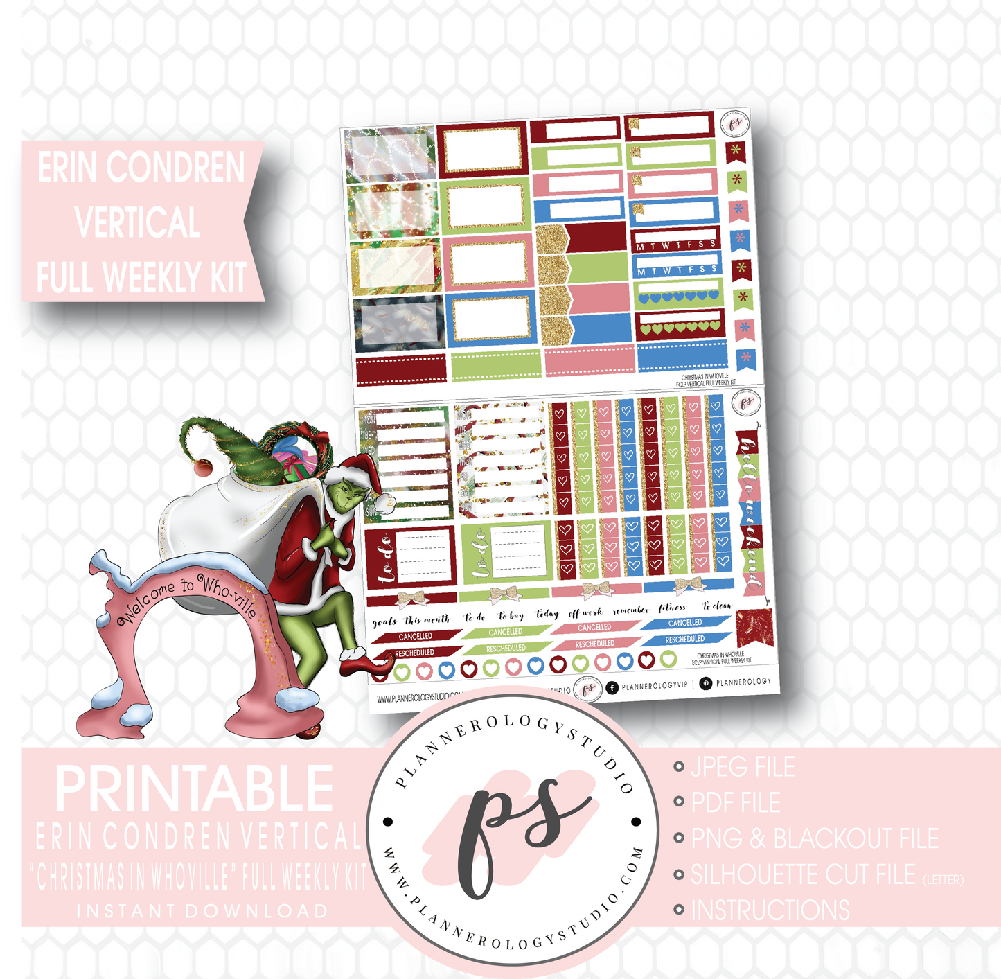 Christmas in Whoville (Grinch) Full Weekly Kit Printable Planner Stickers (for use with Erin Condren Vertical) - Plannerologystudio