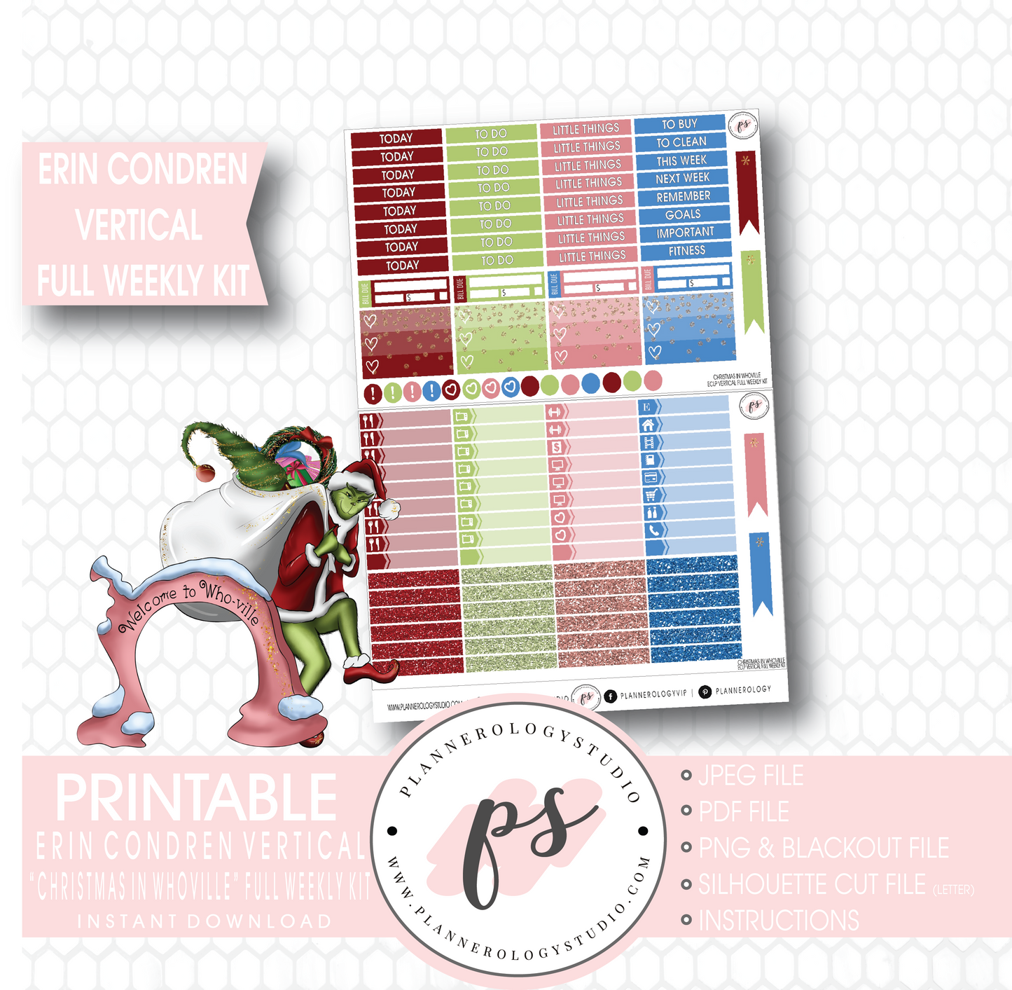 Christmas in Whoville (Grinch) Full Weekly Kit Printable Planner Stickers (for use with Erin Condren Vertical) - Plannerologystudio