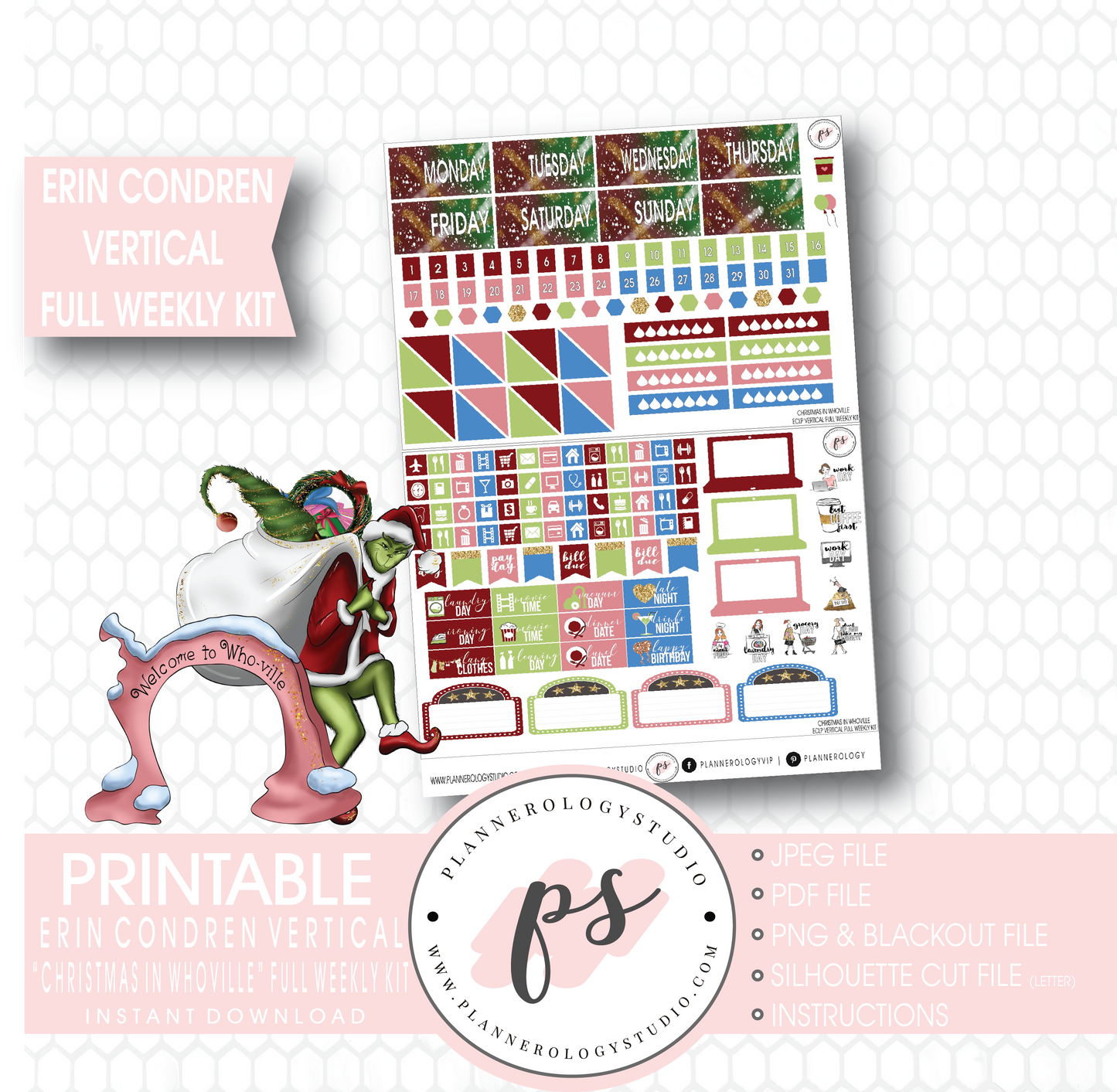 Christmas in Whoville (Grinch) Full Weekly Kit Printable Planner Stickers (for use with Erin Condren Vertical) - Plannerologystudio
