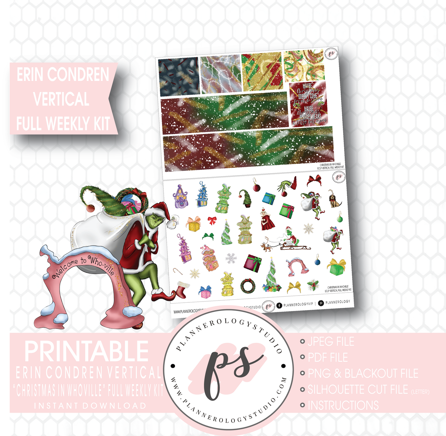 Christmas in Whoville (Grinch) Full Weekly Kit Printable Planner Stickers (for use with Erin Condren Vertical) - Plannerologystudio
