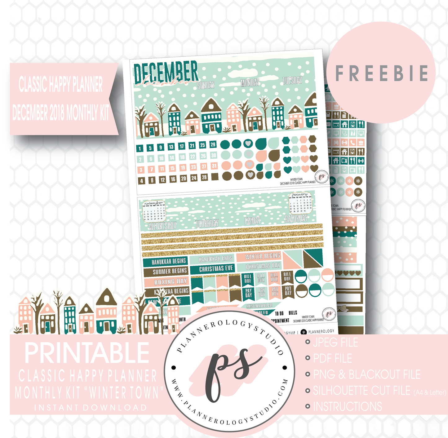 Winter Town Classic Happy Planner December 2018 Monthly Kit Digital Printable Planner Stickers (PDF/JPG/PNG/Cut File Freebie) - Plannerologystudio