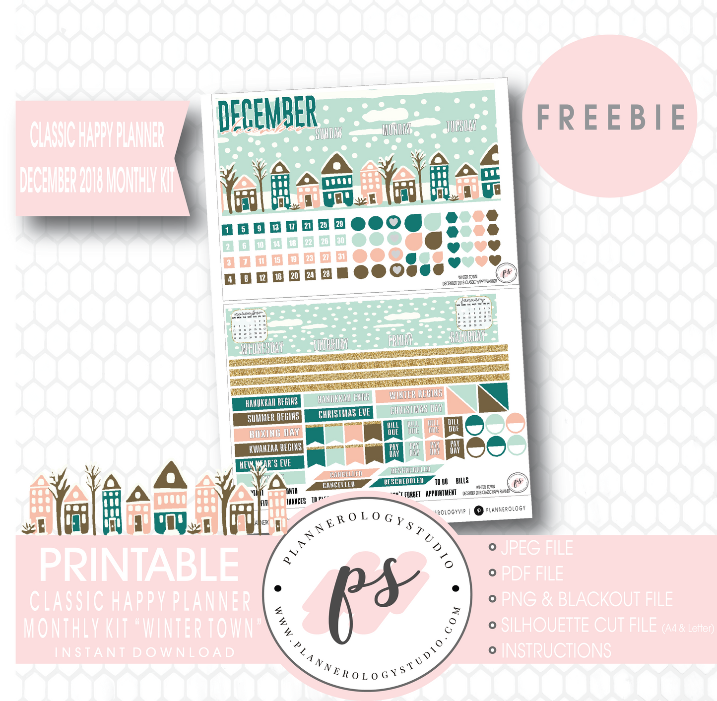 Winter Town Classic Happy Planner December 2018 Monthly Kit Digital Printable Planner Stickers (PDF/JPG/PNG/Cut File Freebie) - Plannerologystudio