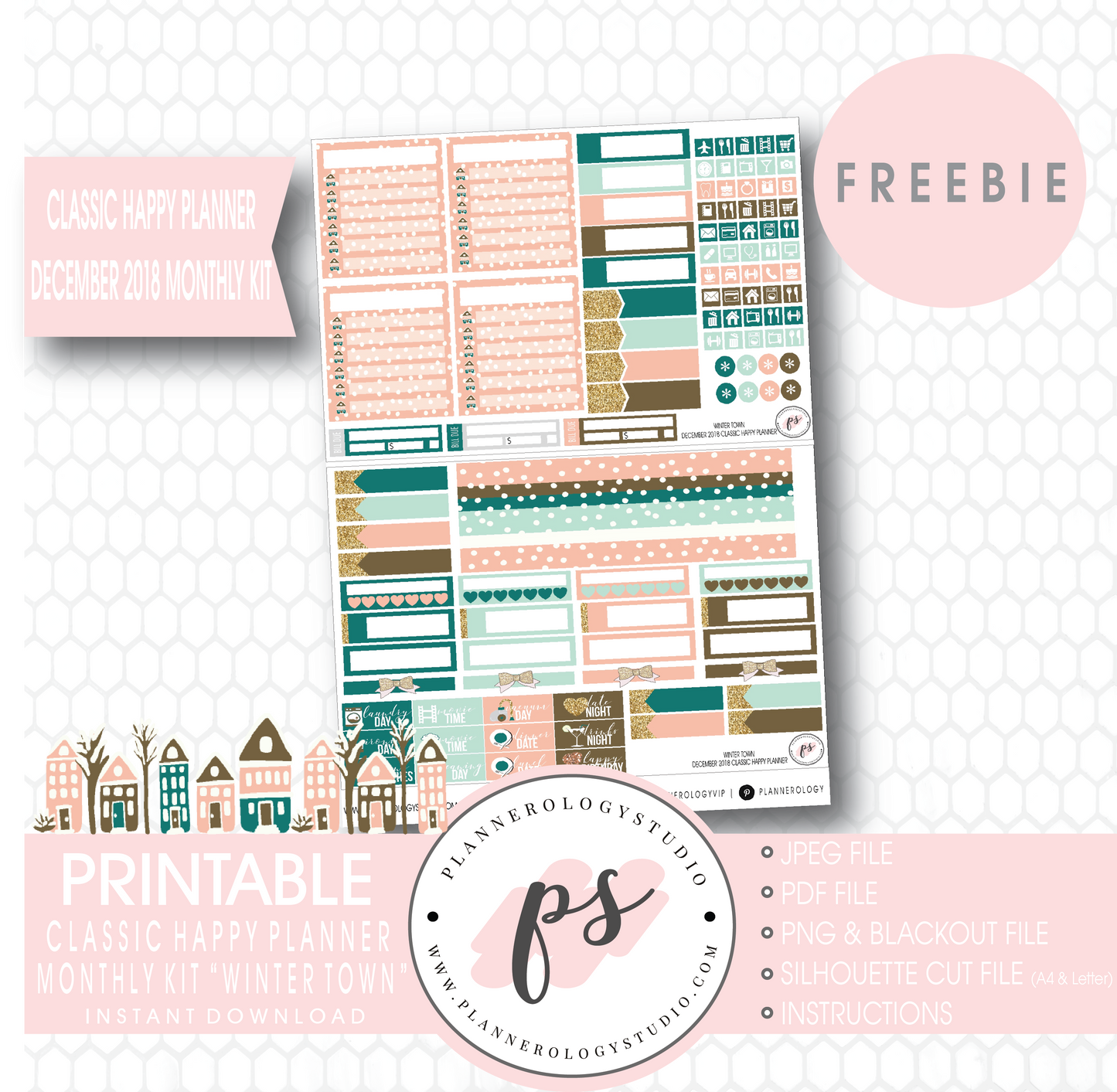 Winter Town Classic Happy Planner December 2018 Monthly Kit Digital Printable Planner Stickers (PDF/JPG/PNG/Cut File Freebie) - Plannerologystudio